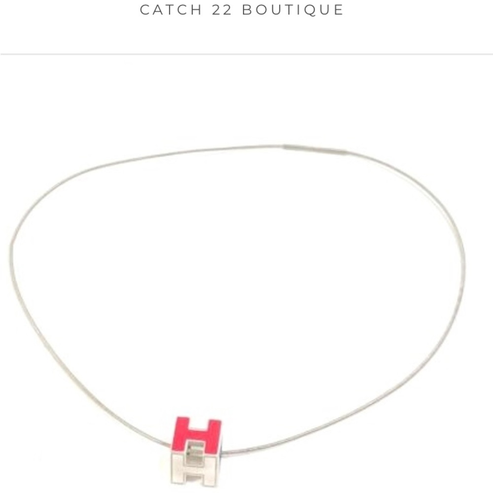 HERMES Pink H-Cube Cardue Silver Pendant Necklace